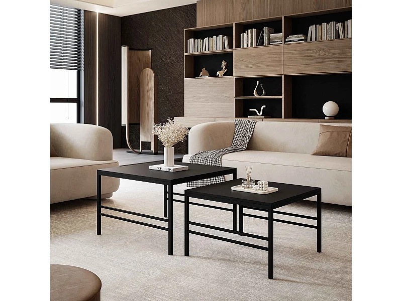 Salontafel set van 2 in 1 fi70/fi60 Mat Zwart, frame in zwart.