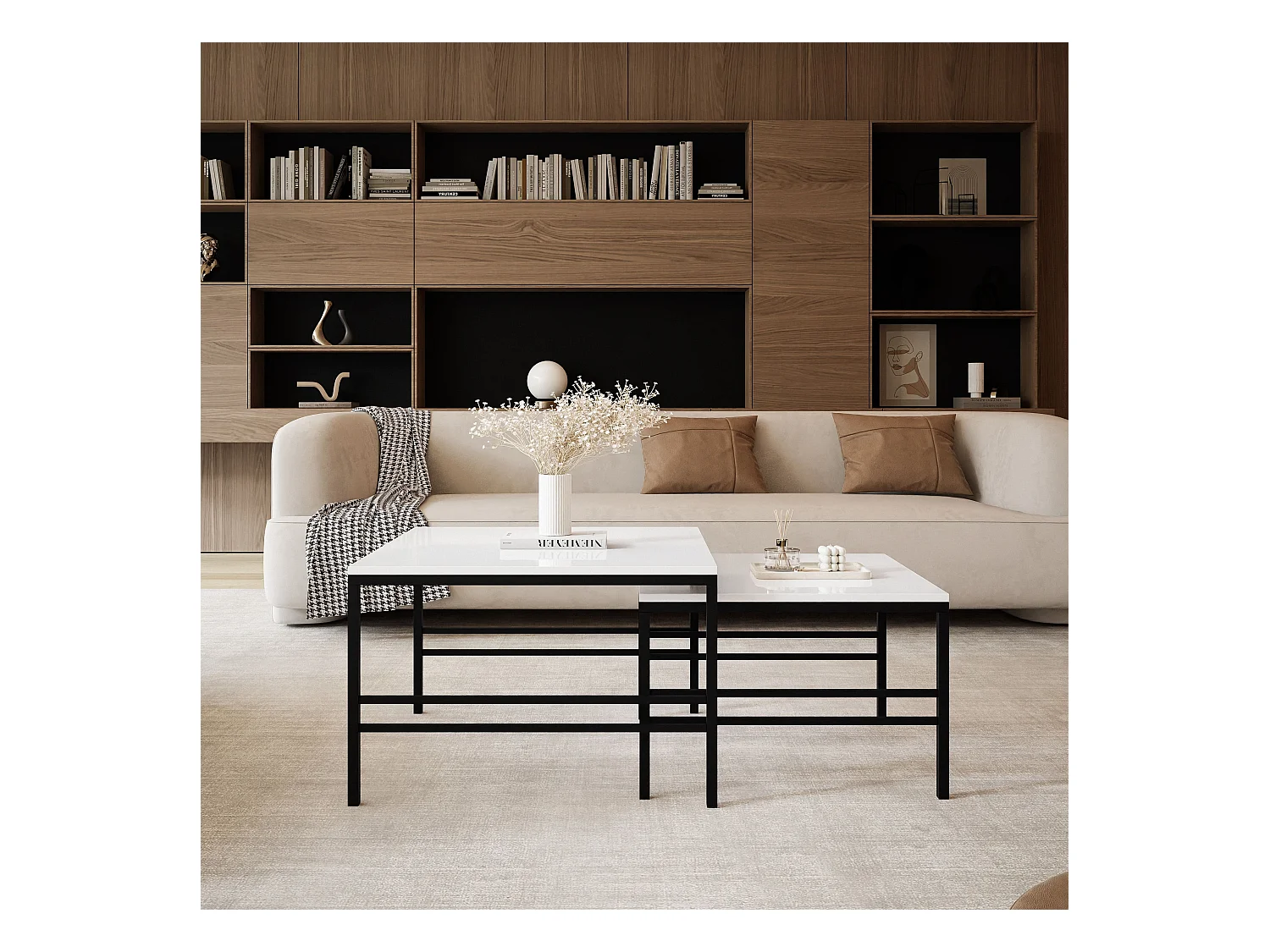 Table basse gigogne 2en1 BlancBrillant, armature en noir