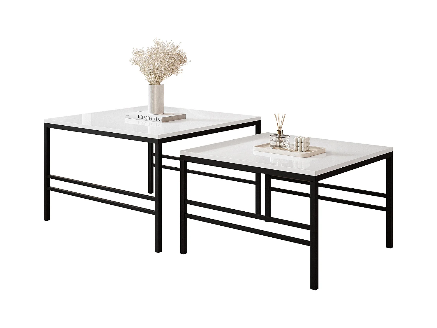 Table basse gigogne 2en1 BlancBrillant, armature en noir