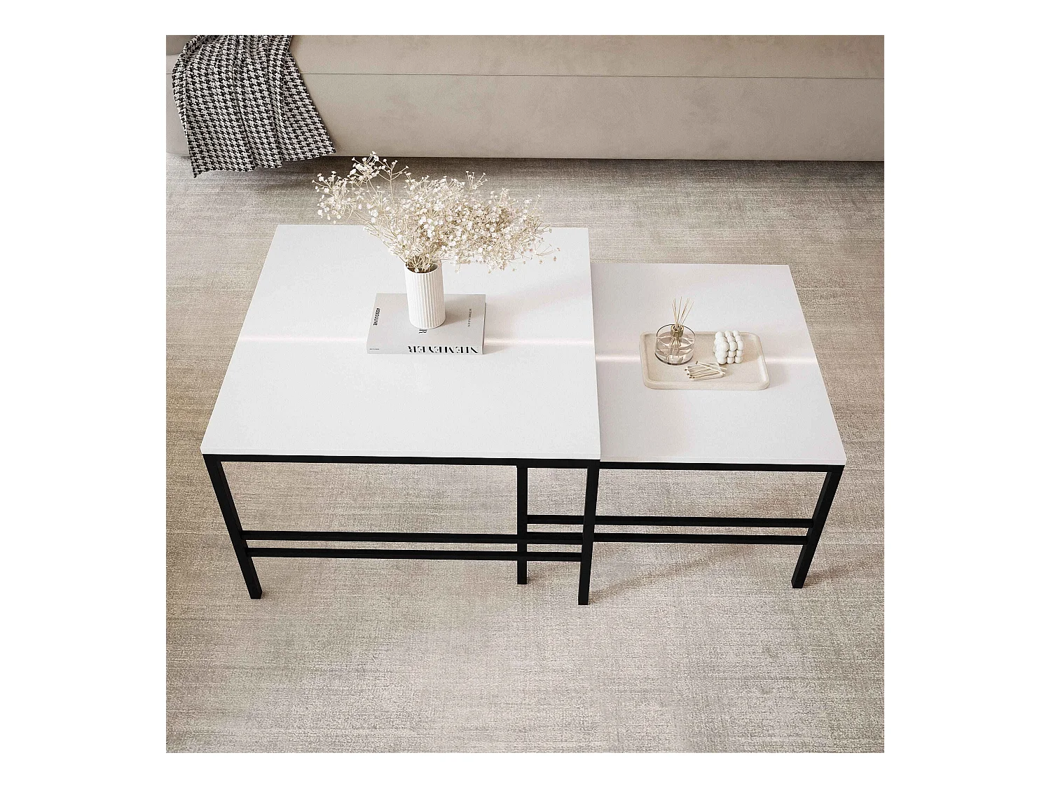 Table basse gigogne 2en1 BlancBrillant, armature en noir