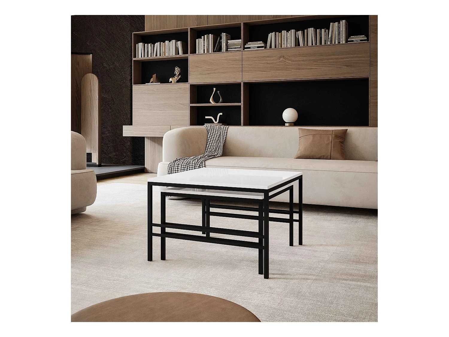 Table basse gigogne 2en1 BlancBrillant, armature en noir