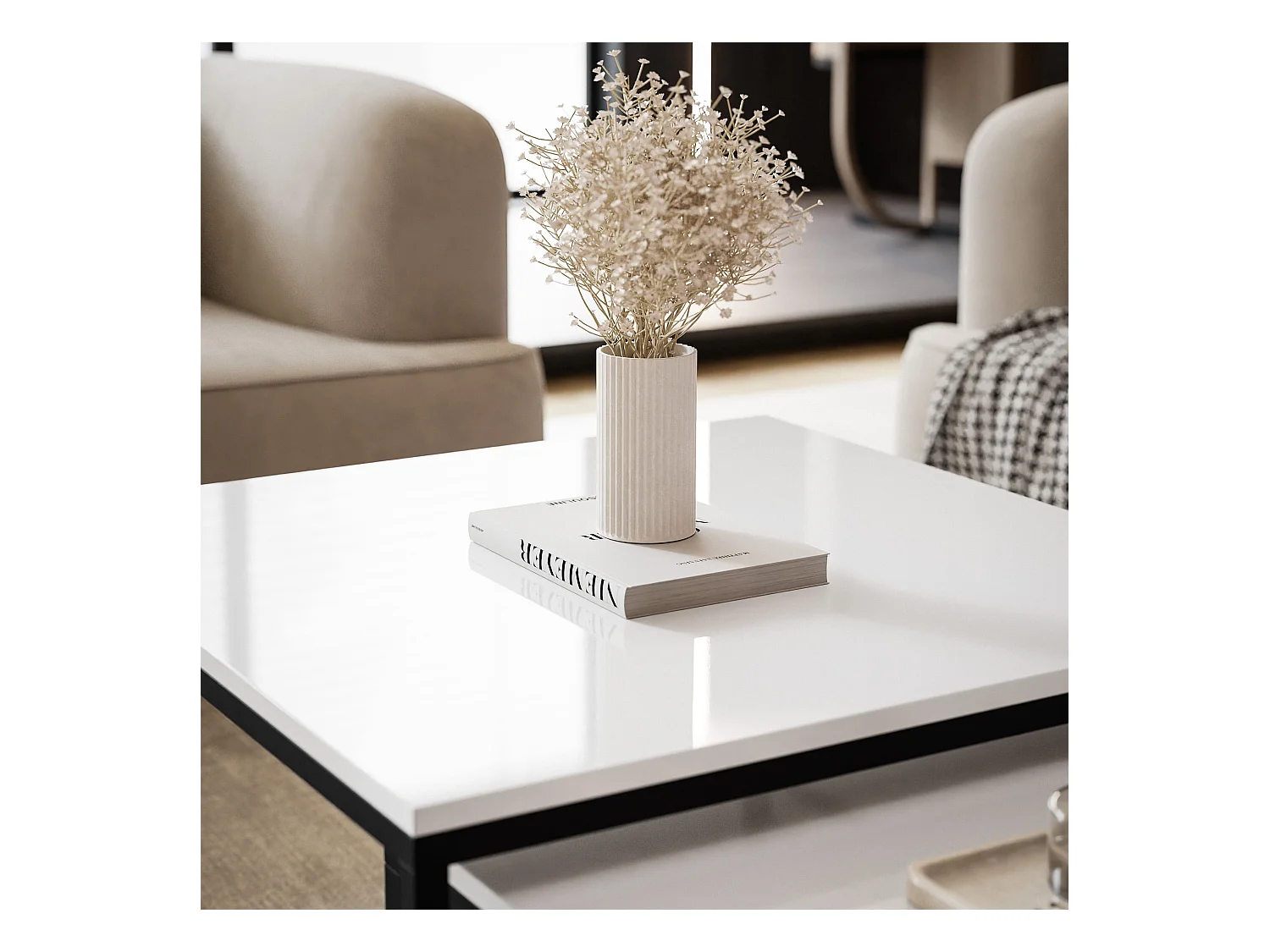 Table basse gigogne 2en1 BlancBrillant, armature en noir