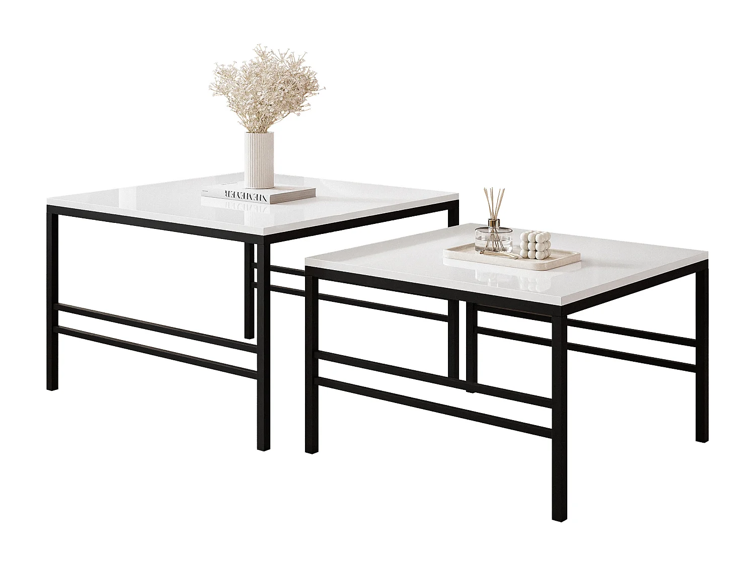 Table basse gigogne 2en1 BlancBrillant, armature en noir