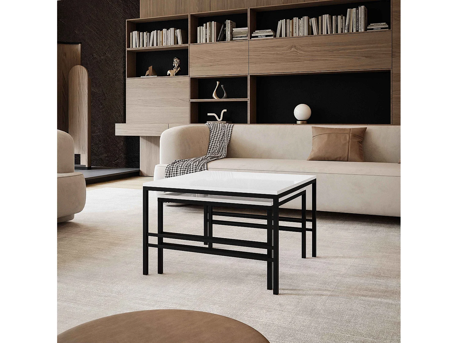 Table basse gigogne 2en1 BlancBrillant, armature en noir