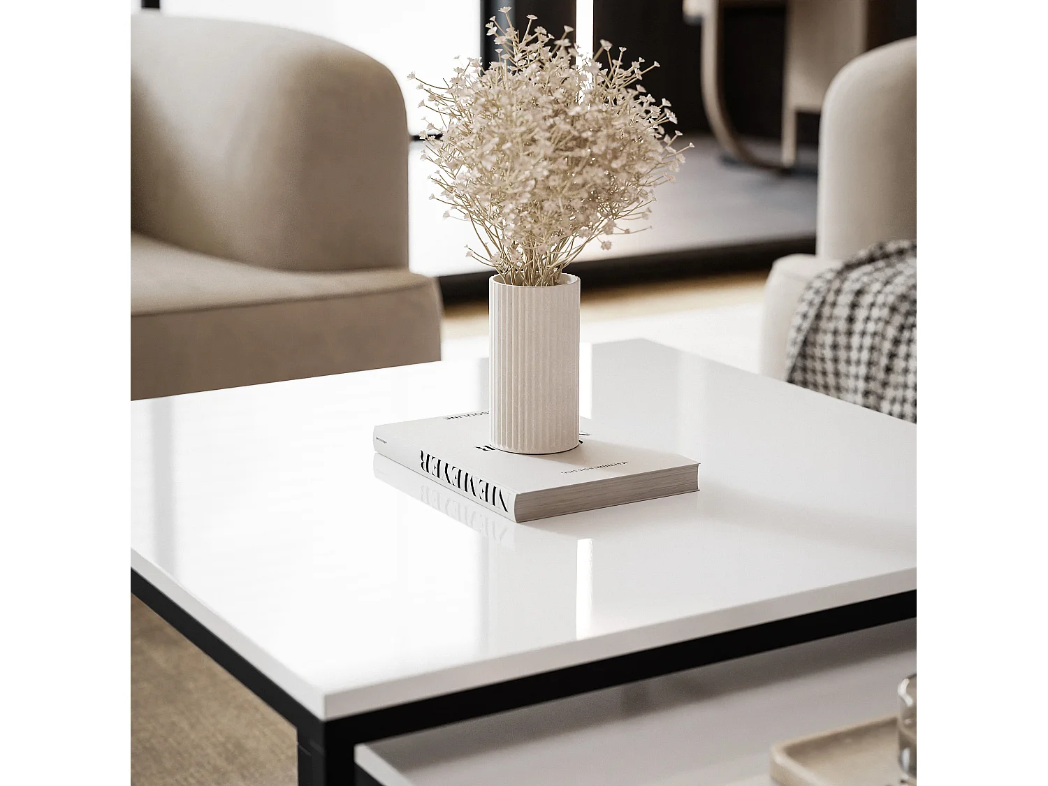 Table basse gigogne 2en1 BlancBrillant, armature en noir