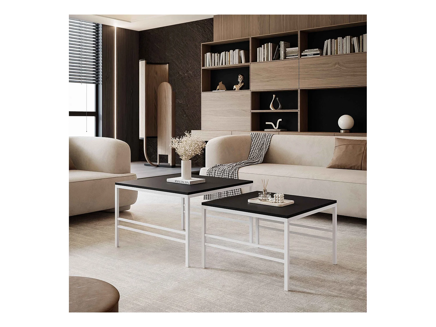 Table basse gigogne 2en1 Noir mat, armature en blanc