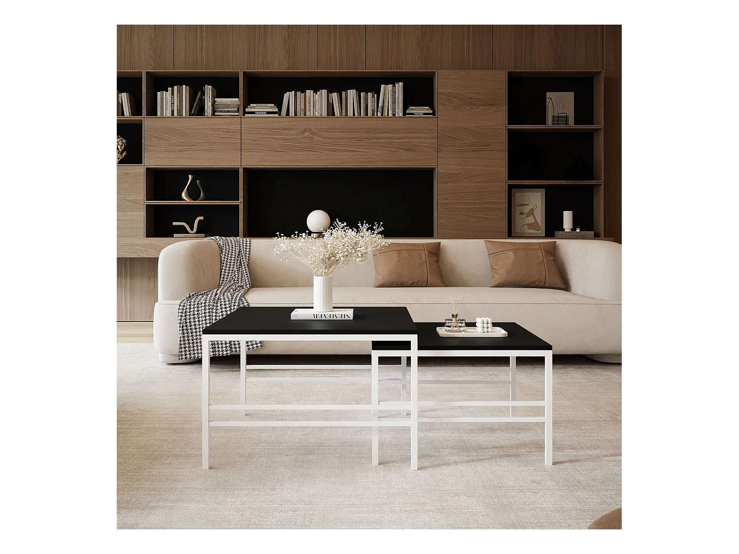 Table basse gigogne 2en1 Noir mat, armature en blanc