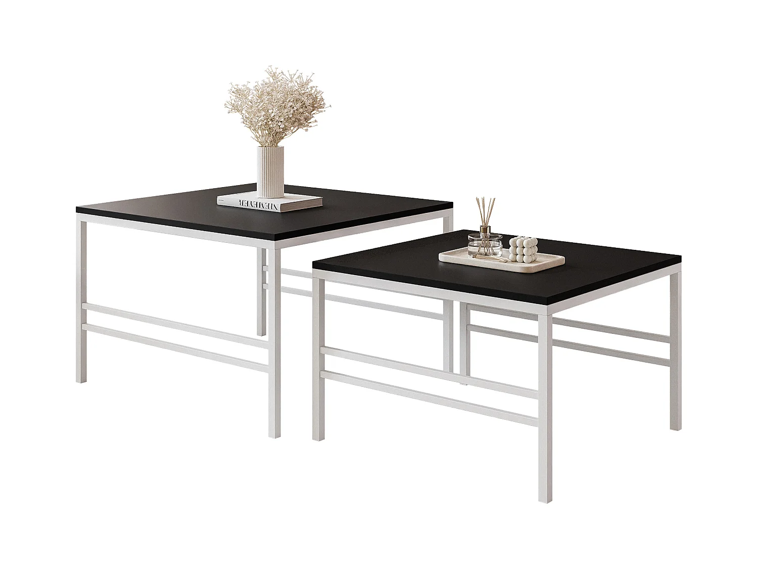 Table basse gigogne 2en1 Noir mat, armature en blanc