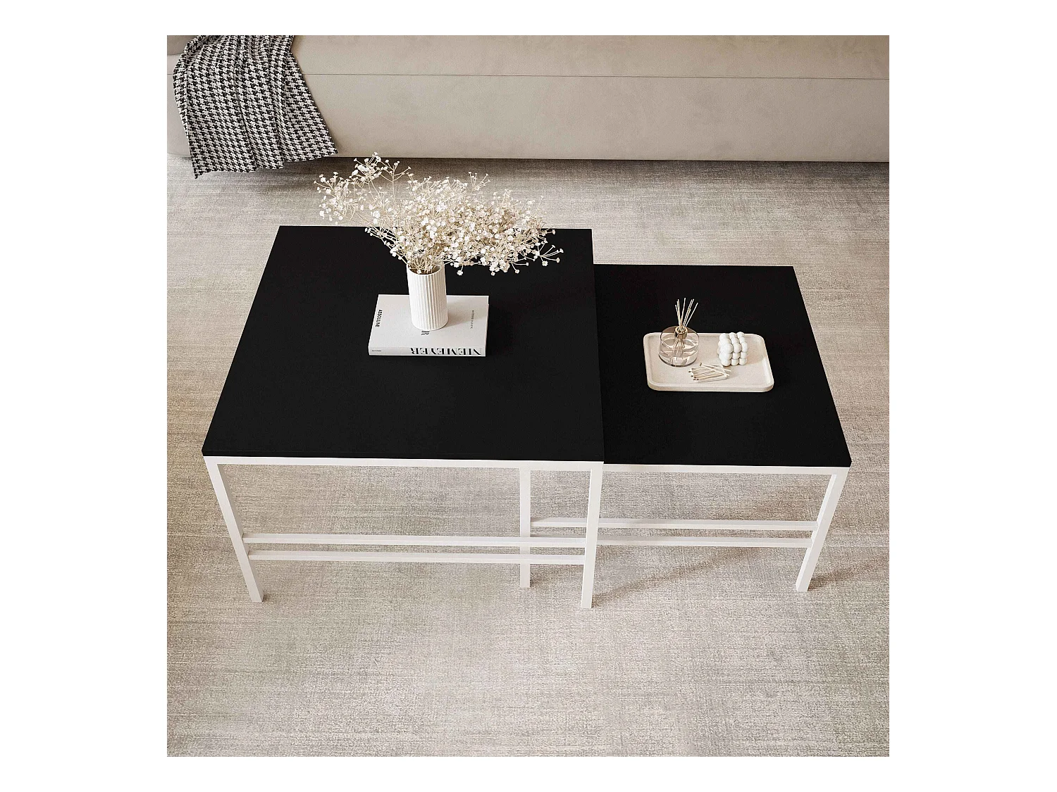 Table basse gigogne 2en1 Noir mat, armature en blanc