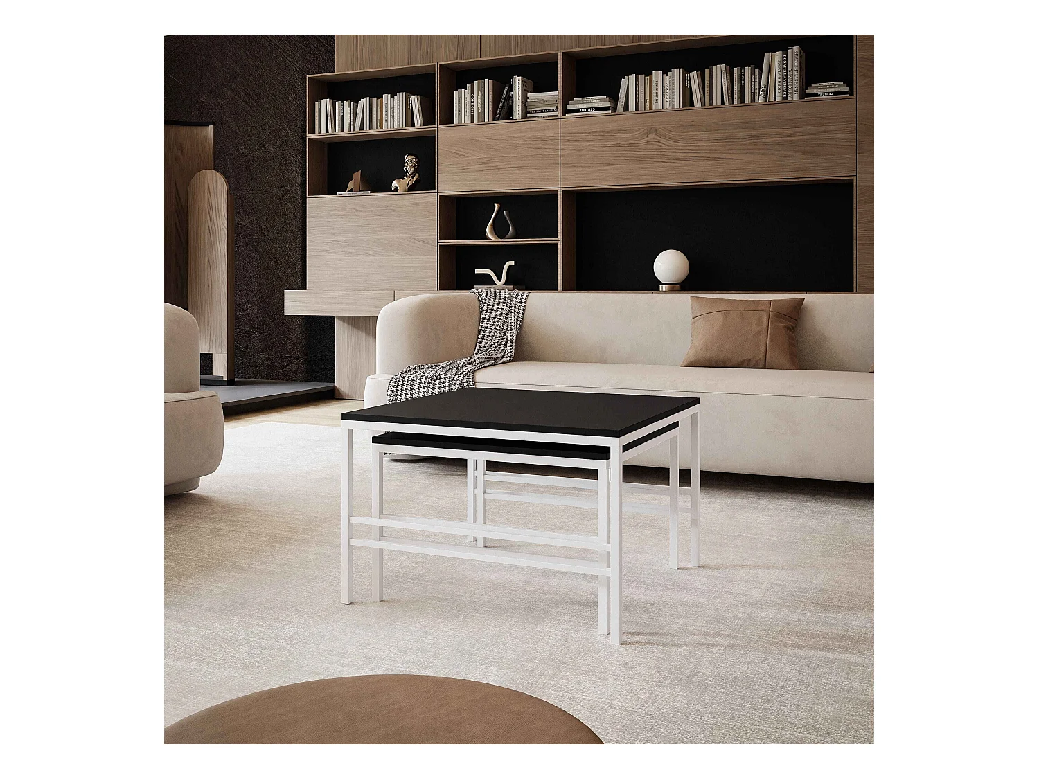 Table basse gigogne 2en1 Noir mat, armature en blanc