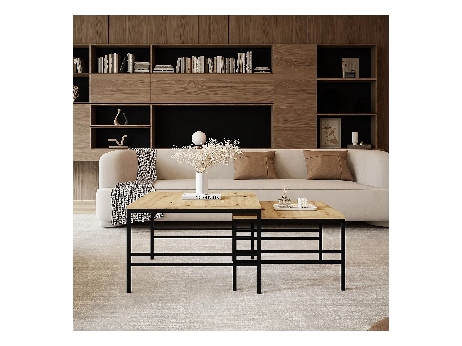 Table basse gigogne 2en1 Chêne Wotan, armature en noir