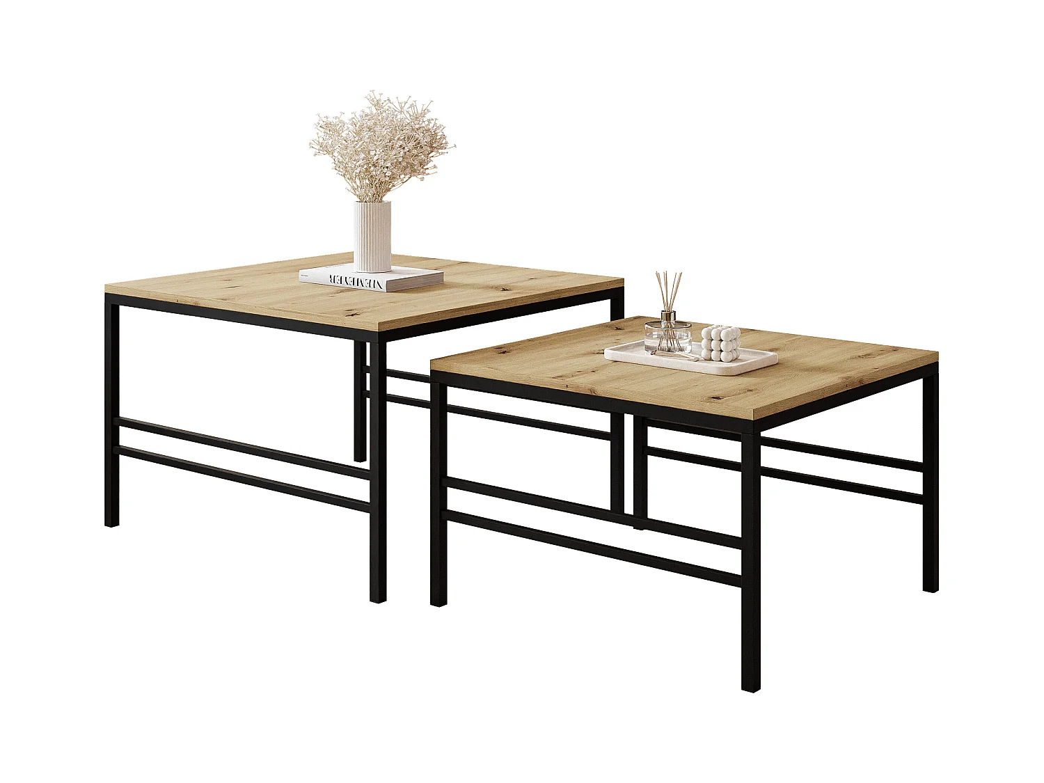 Table basse gigogne 2en1 Chêne Wotan, armature en noir