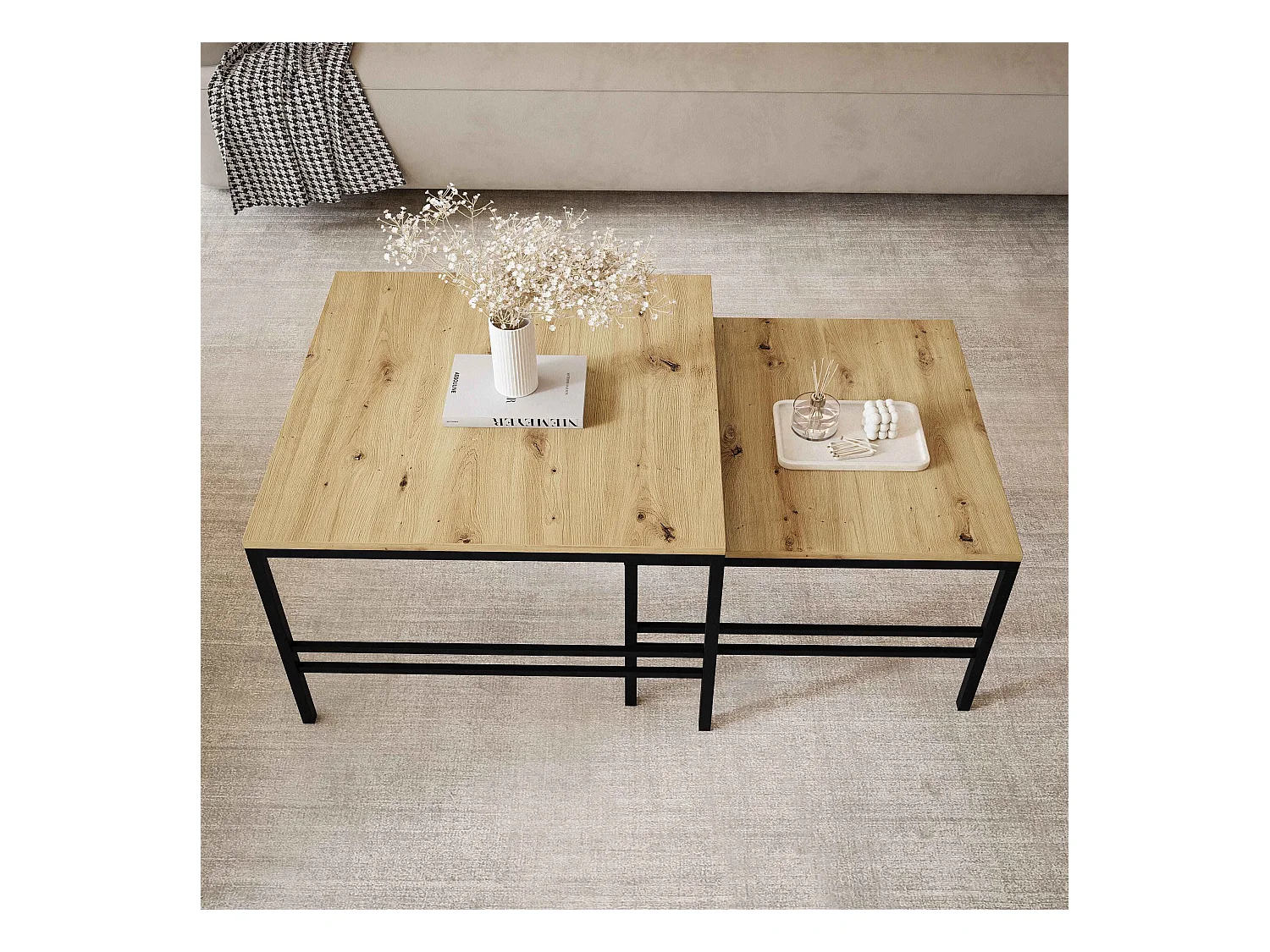 Table basse gigogne 2en1 Chêne Wotan, armature en noir