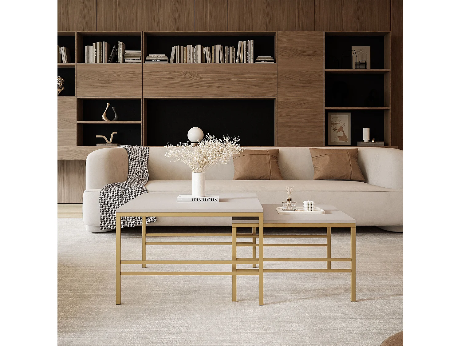 Table basse gigogne 2en1 Cachemire, armature en or mat