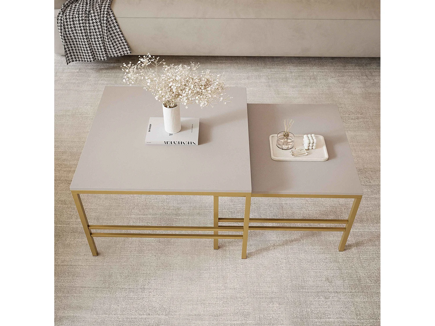 Table basse gigogne 2en1 Cachemire, armature en or mat