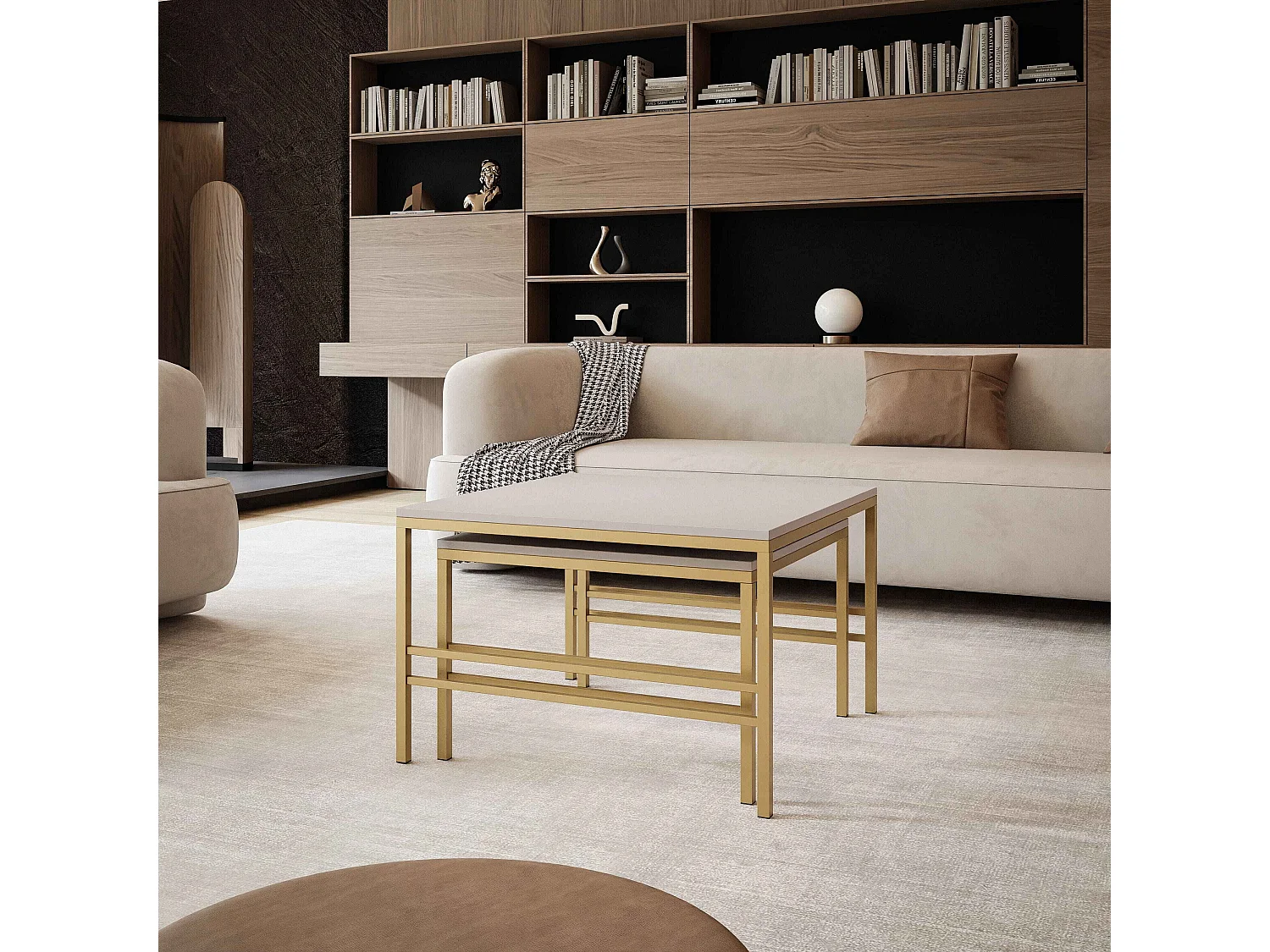 Table basse gigogne 2en1 Cachemire, armature en or mat