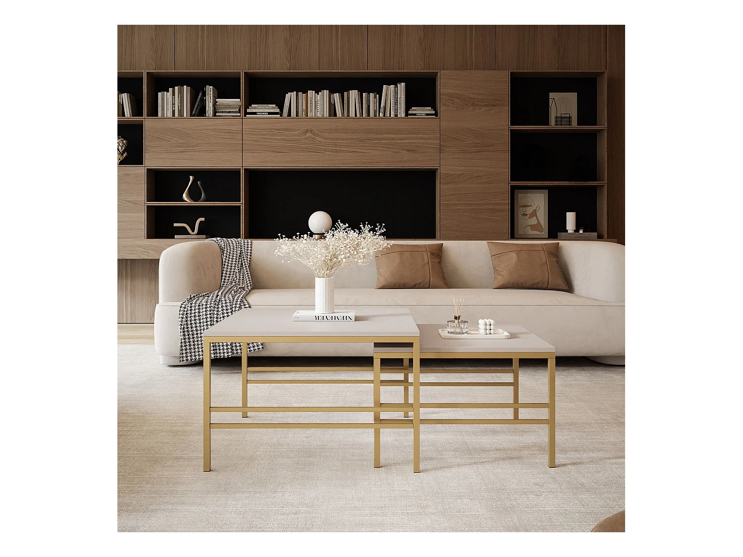 Table basse gigogne 2en1 Cachemire, armature en or mat