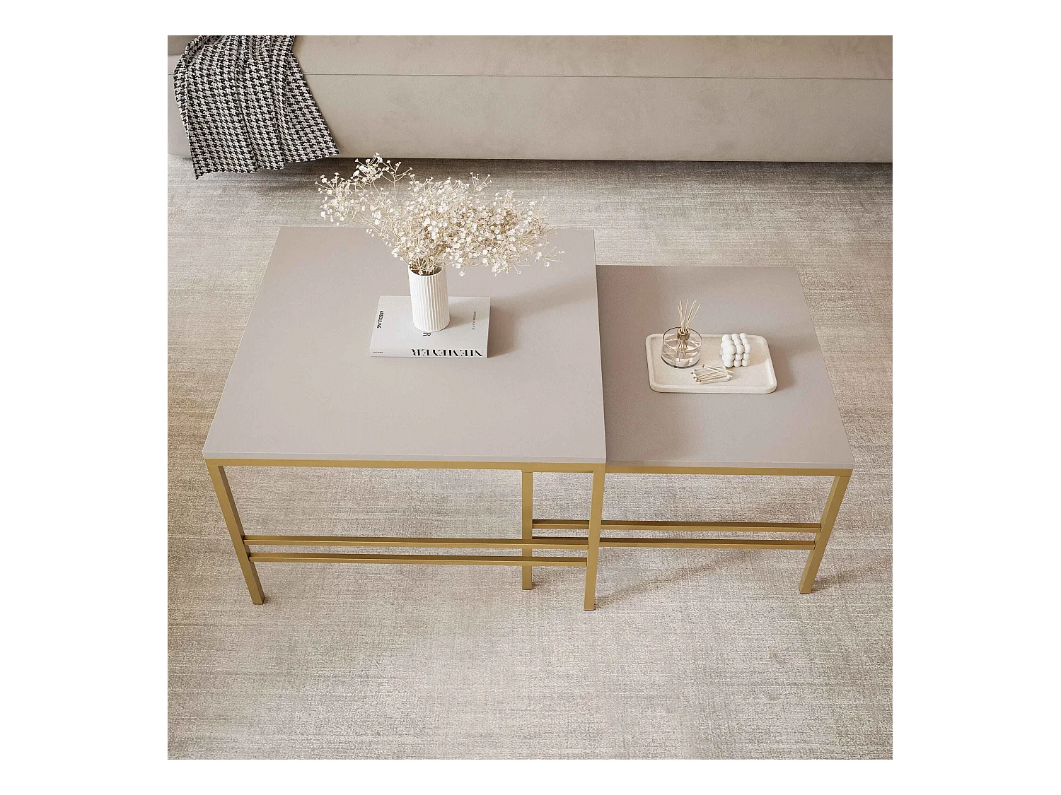 Table basse gigogne 2en1 Cachemire, armature en or mat