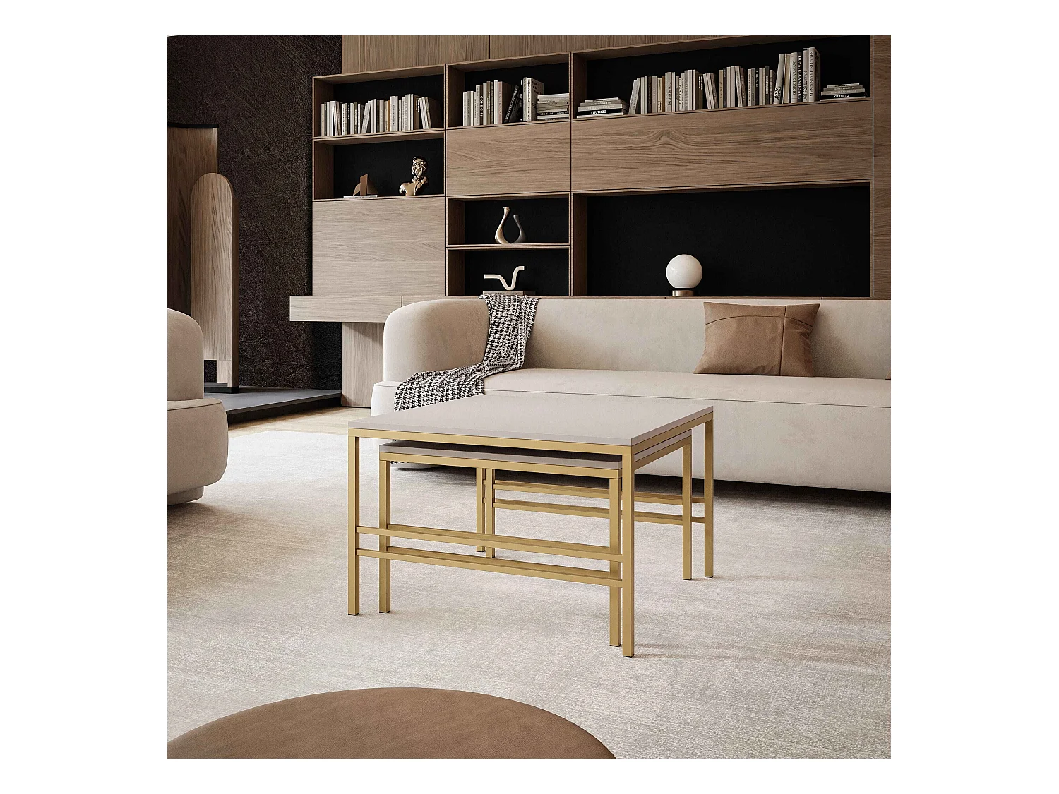 Table basse gigogne 2en1 Cachemire, armature en or mat
