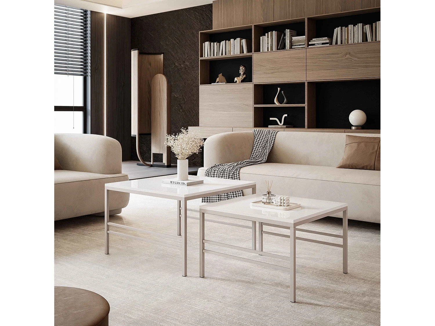 Table basse gigogne 2en1 BlancBrillant, armature en Cachemire