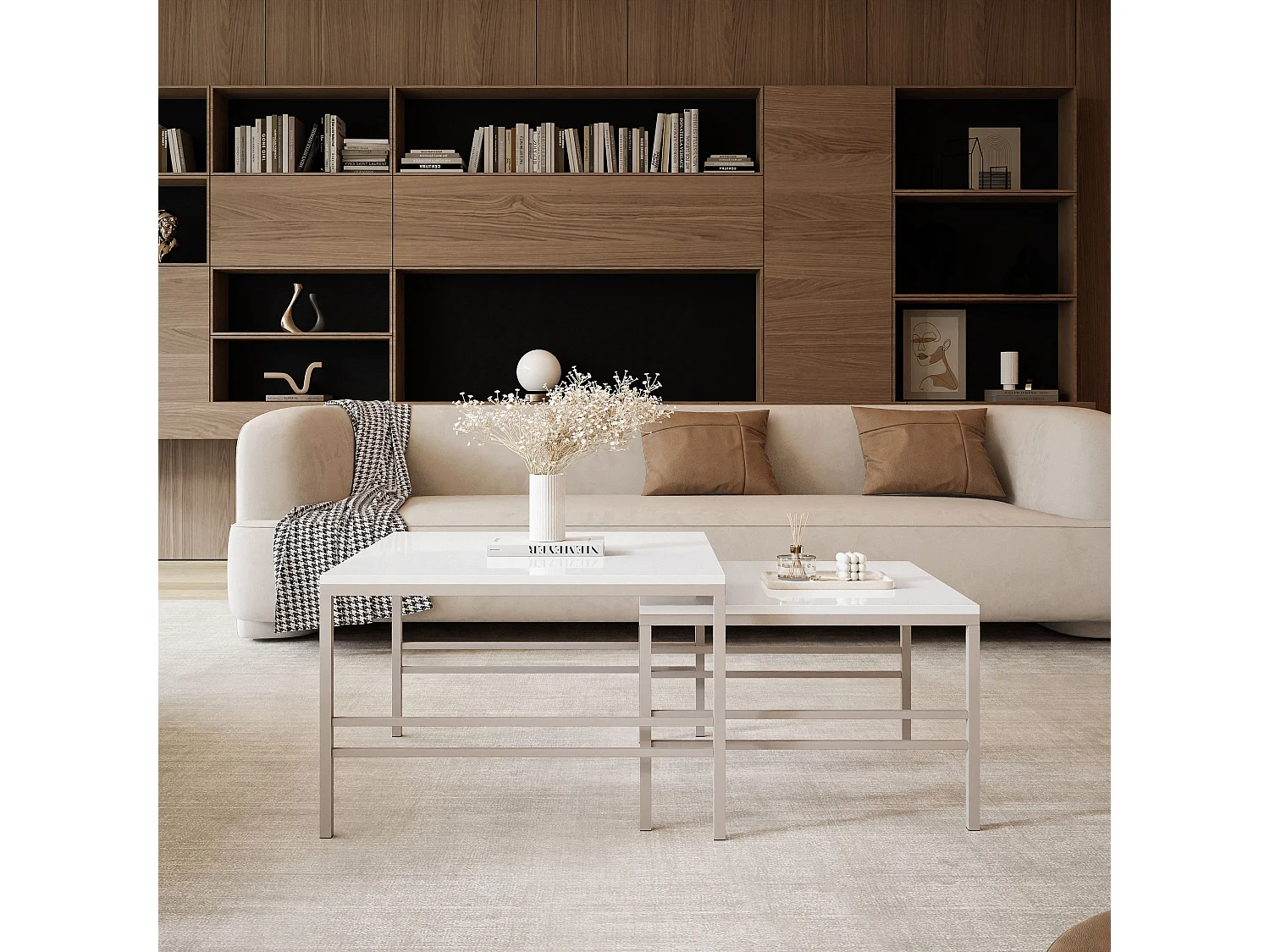 Table basse gigogne 2en1 BlancBrillant, armature en Cachemire