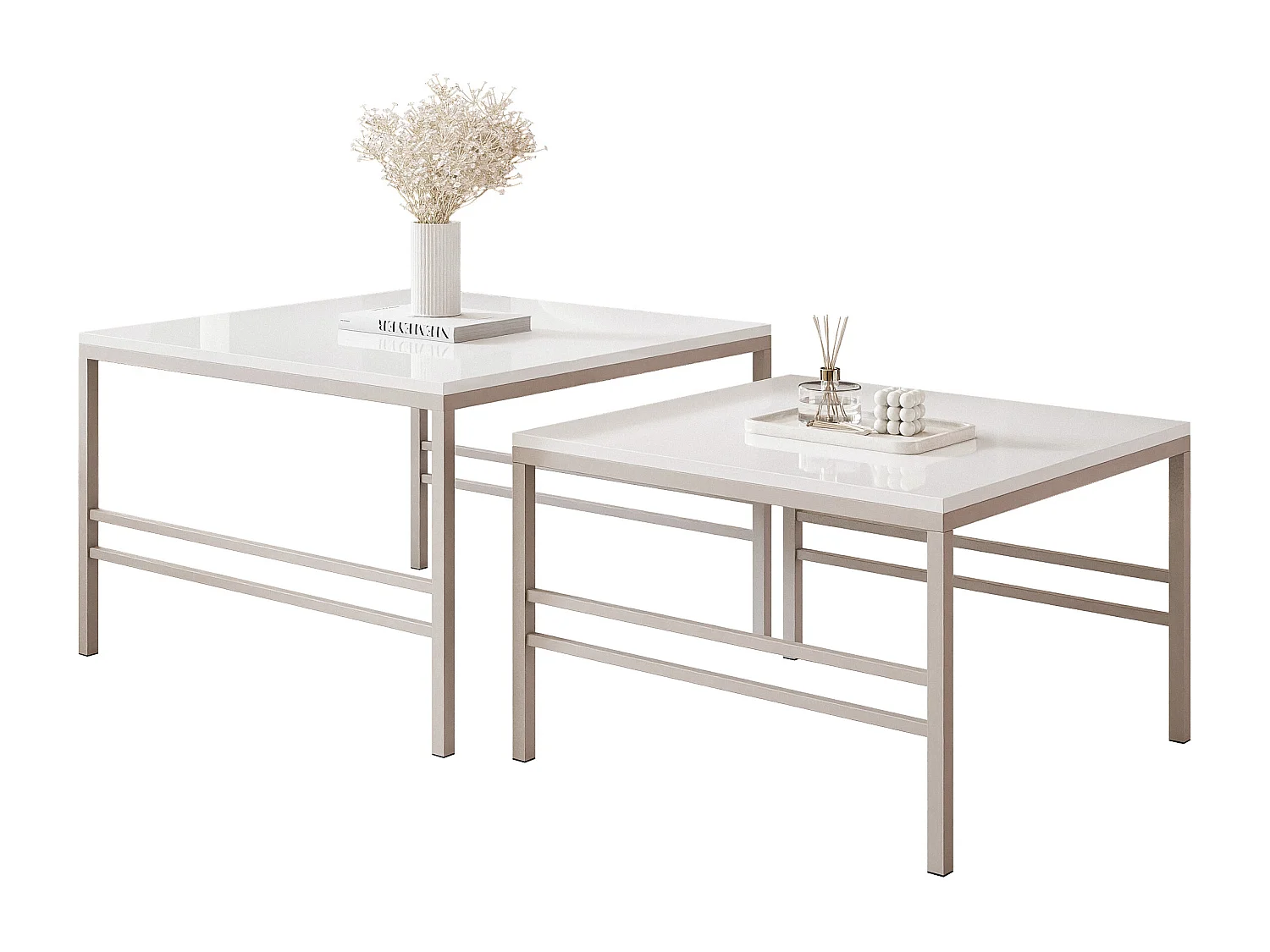 Table basse gigogne 2en1 BlancBrillant, armature en Cachemire