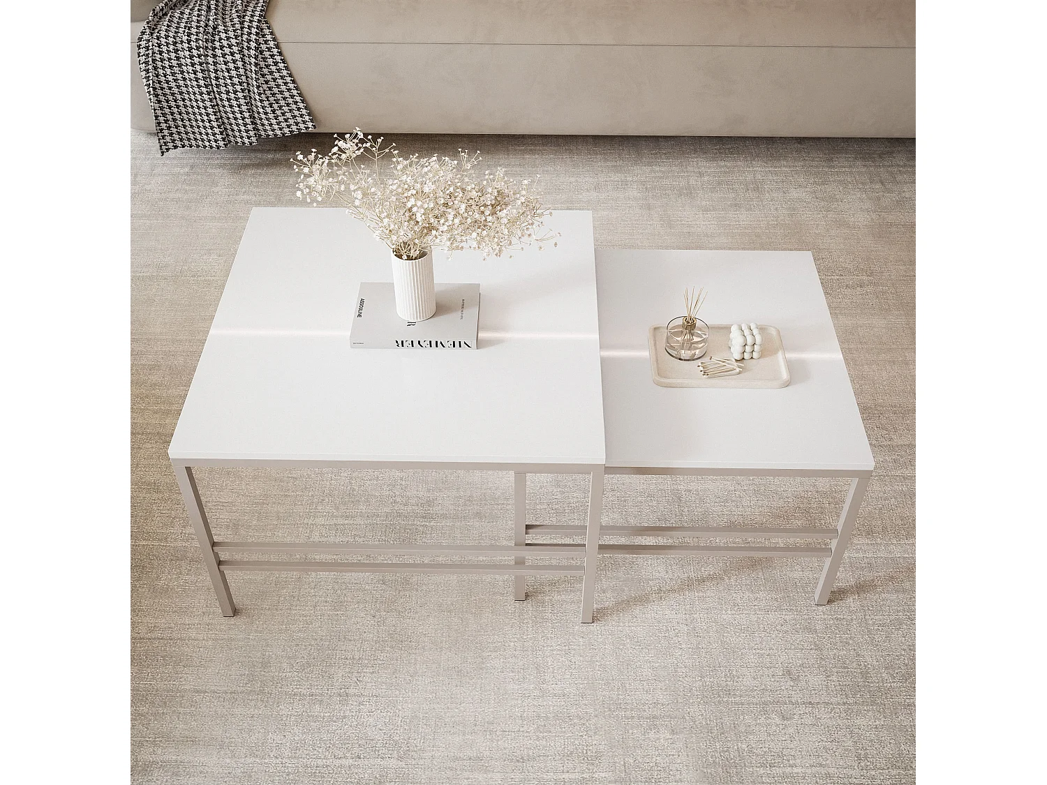 Table basse gigogne 2en1 BlancBrillant, armature en Cachemire