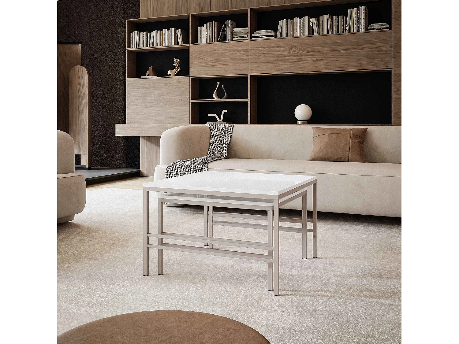 Table basse gigogne 2en1 BlancBrillant, armature en Cachemire