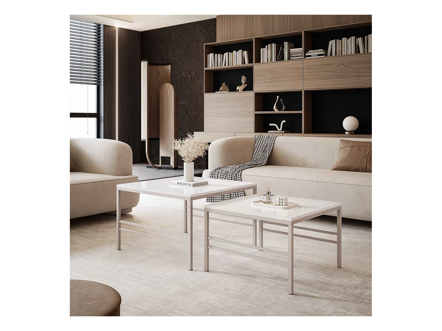 Table basse gigogne 2en1 BlancBrillant, armature en Cachemire