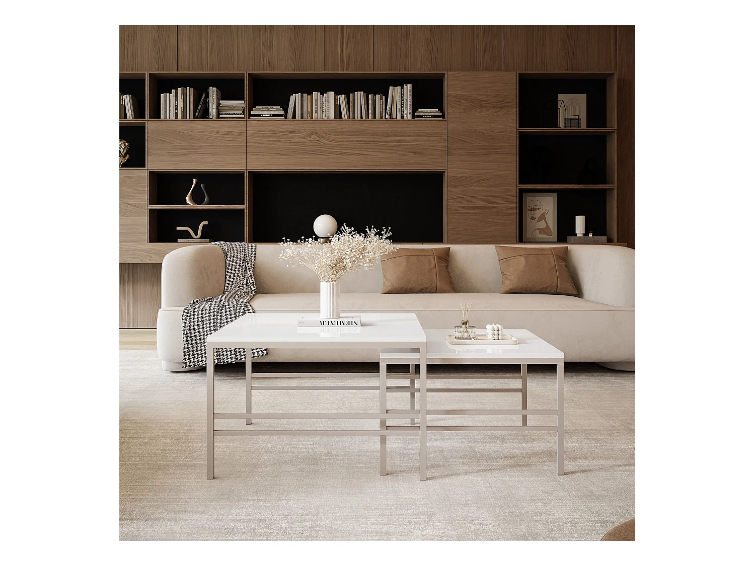 Table basse gigogne 2en1 BlancBrillant, armature en Cachemire