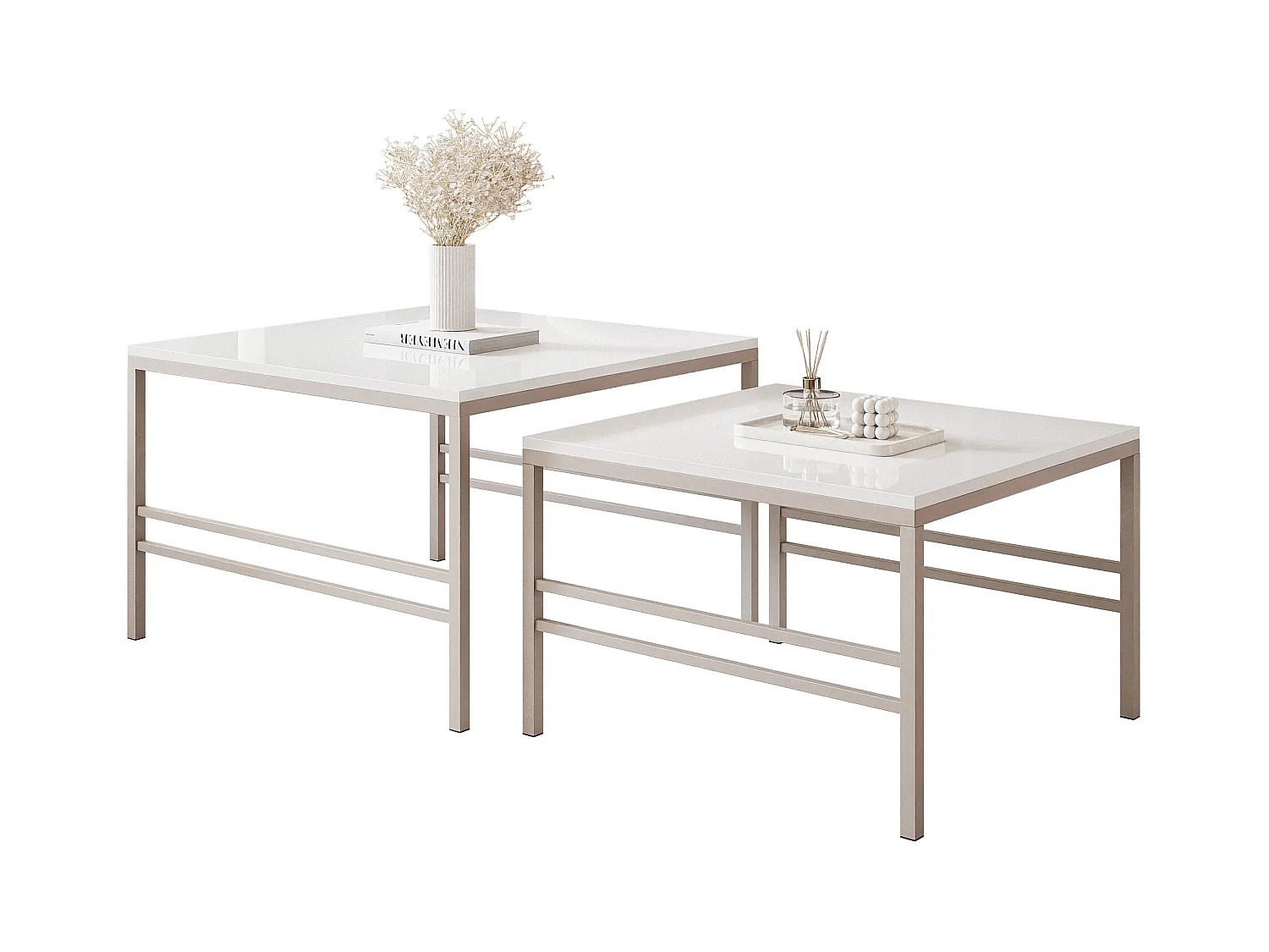Table basse gigogne 2en1 BlancBrillant, armature en Cachemire
