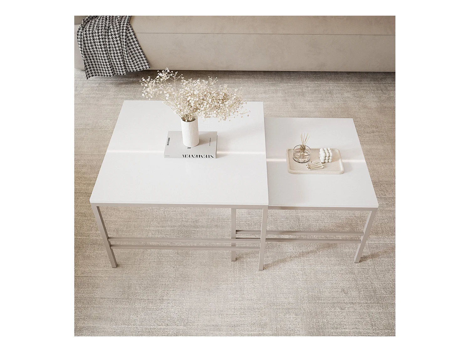 Table basse gigogne 2en1 BlancBrillant, armature en Cachemire