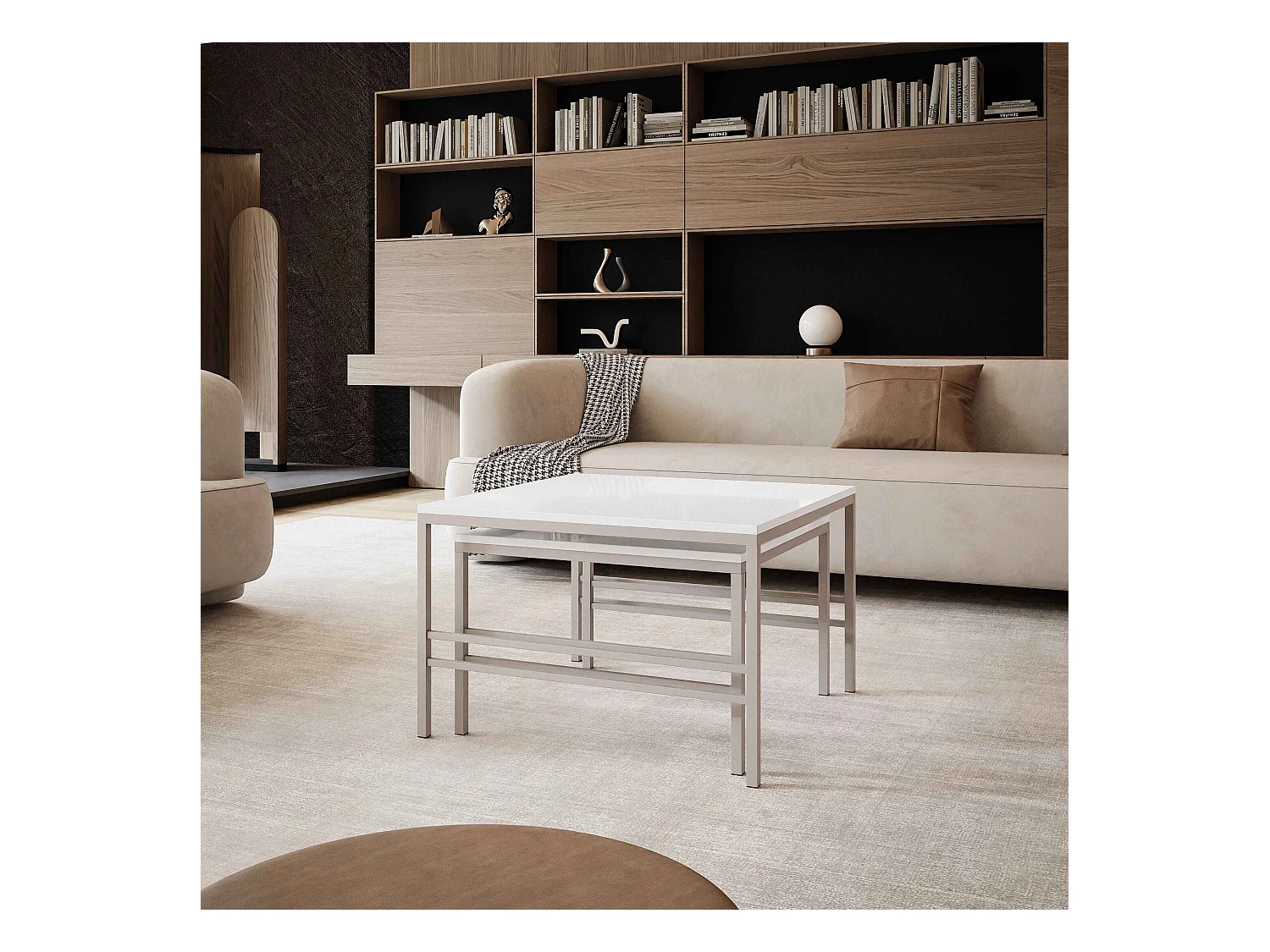 Table basse gigogne 2en1 BlancBrillant, armature en Cachemire