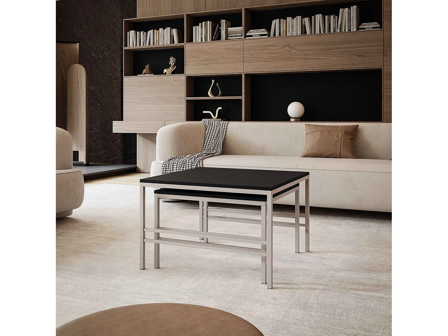 Table basse gigogne 2en1 Noir mat, armature en Cachemire