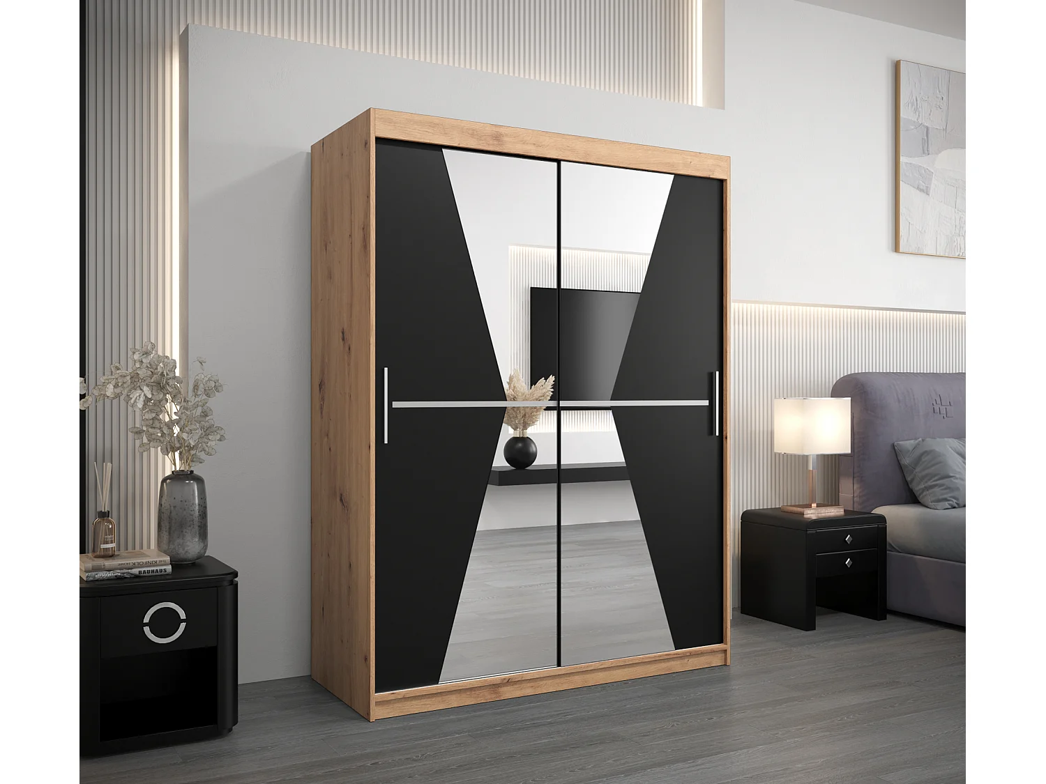 Maroko kledingkast met schuifdeuren 200/150/62 2 deuren (artisan/zwart)