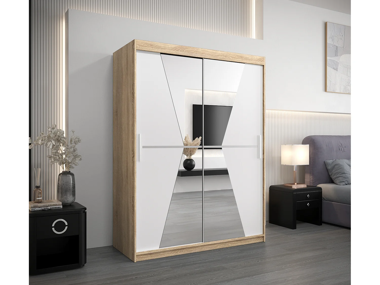 Schwebetürenschrank Maroko 200/150/62 2-Türig (Sonoma/Weiß)