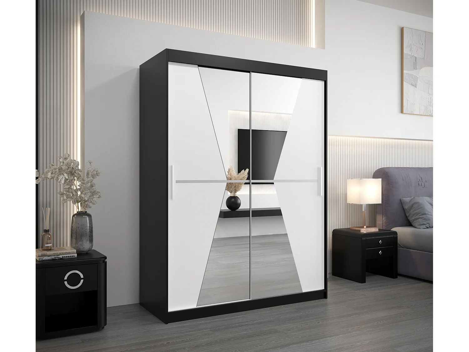 Armoire Maroko À Portes Coulissantes 200/150/62 2 portes (Noir/Blanc)