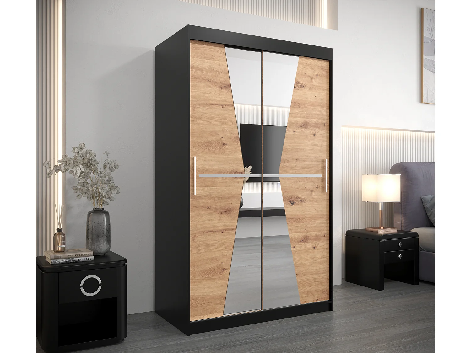 Schwebetürenschrank Maroko 200/120/62 2-Türig (Schwarz/Artisan)