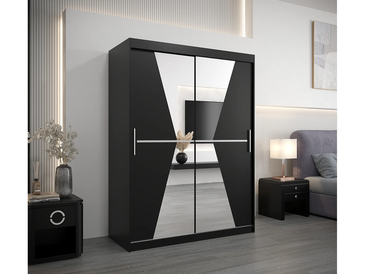 Schwebetürenschrank Maroko 200/150/62 2-Türig (Schwarz)