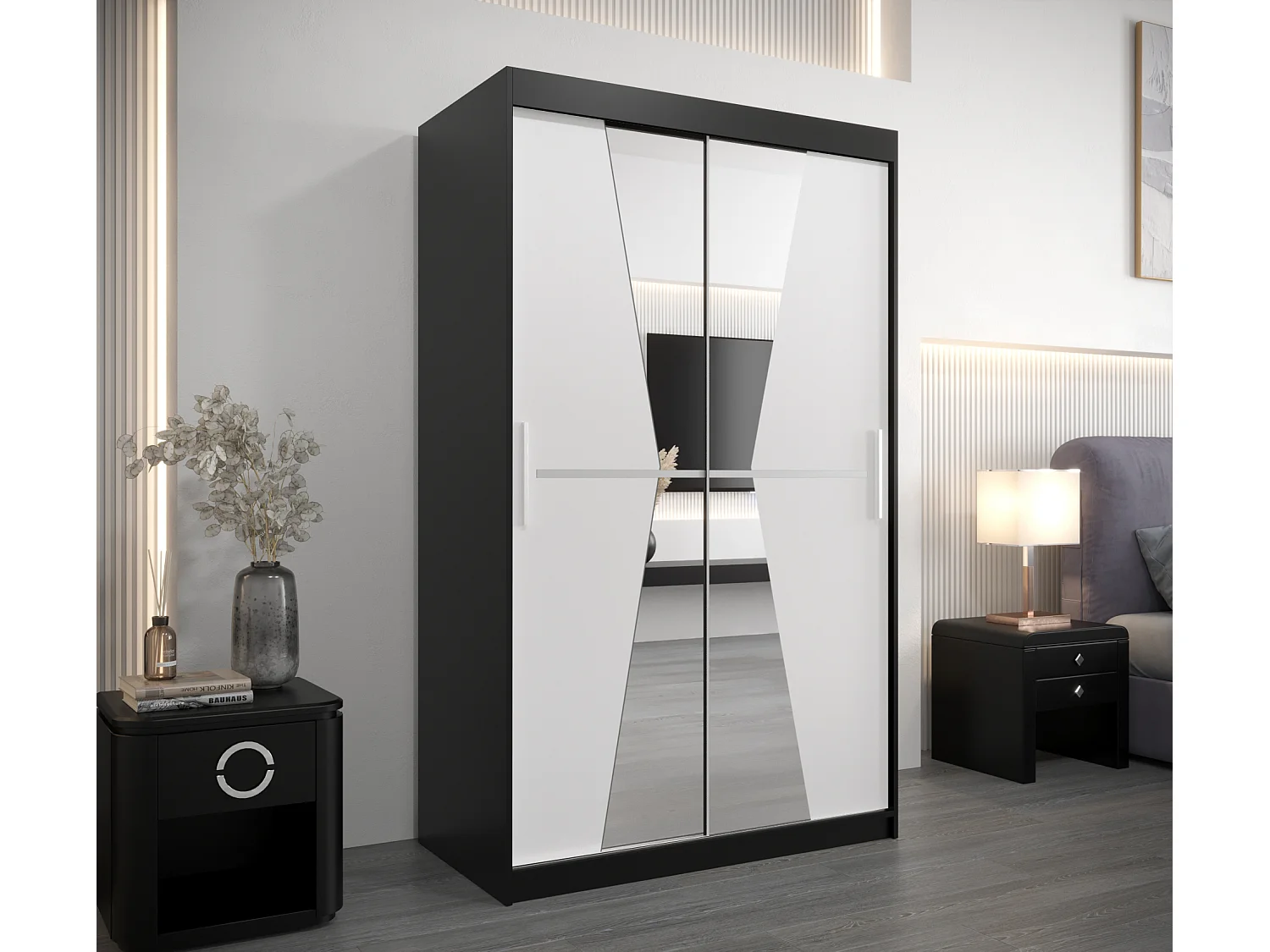 Armoire Maroko À Portes Coulissantes 200/120/62 2 portes (Noir/Blanc)