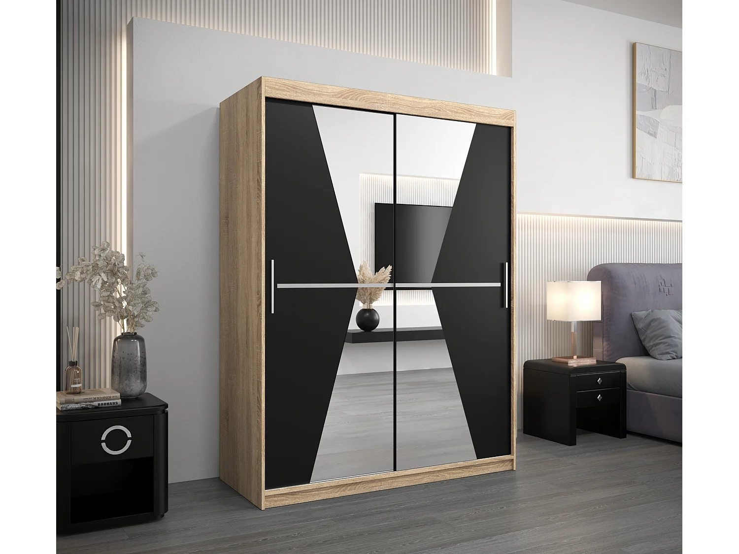 Schwebetürenschrank Maroko 200/150/62 2-Türig (Sonoma/Schwarz)