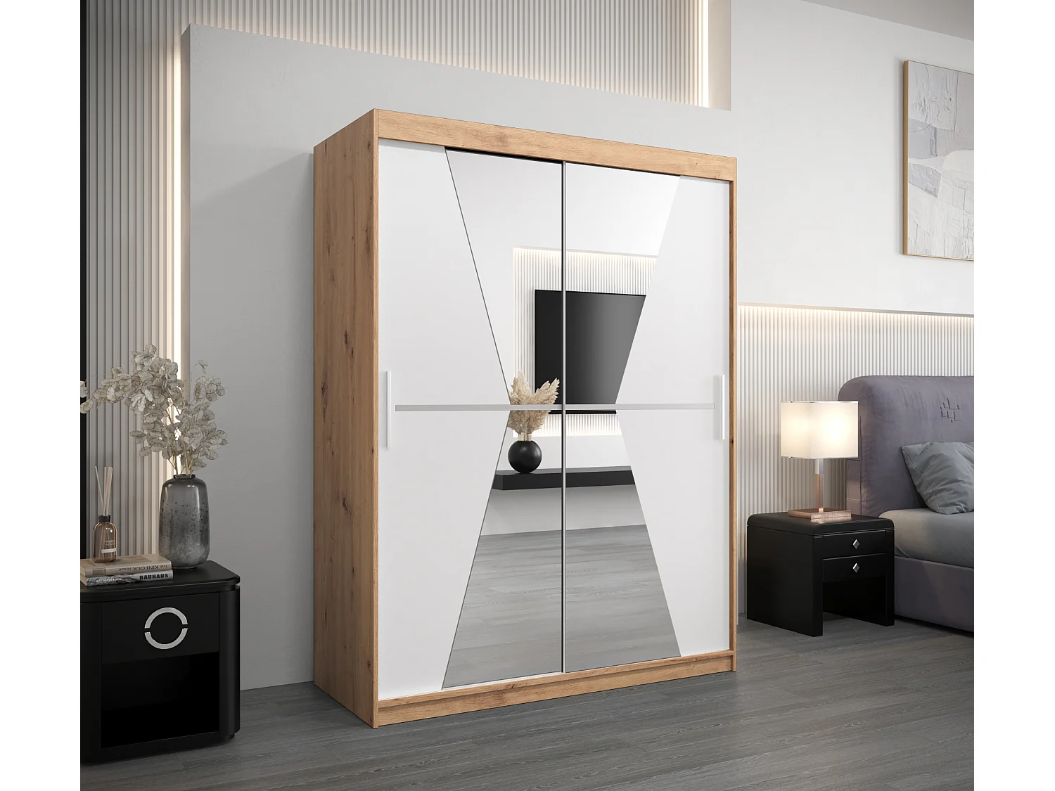 Armoire Maroko À Portes Coulissantes 200/150/62 2 portes (Artisan/Blanc)