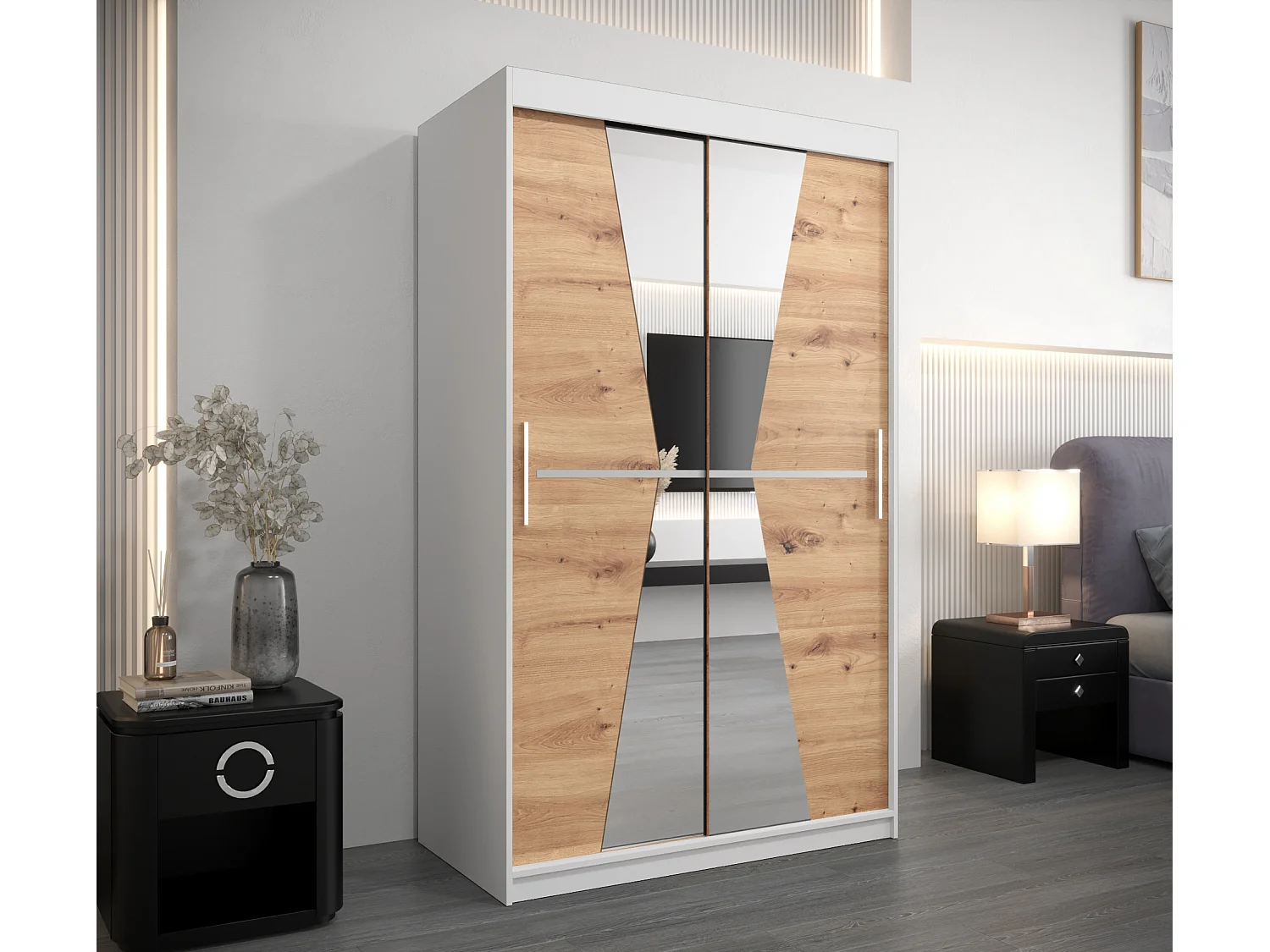 Schwebetürenschrank Maroko 200/120/62 2-Türig (Weiß/Artisan)