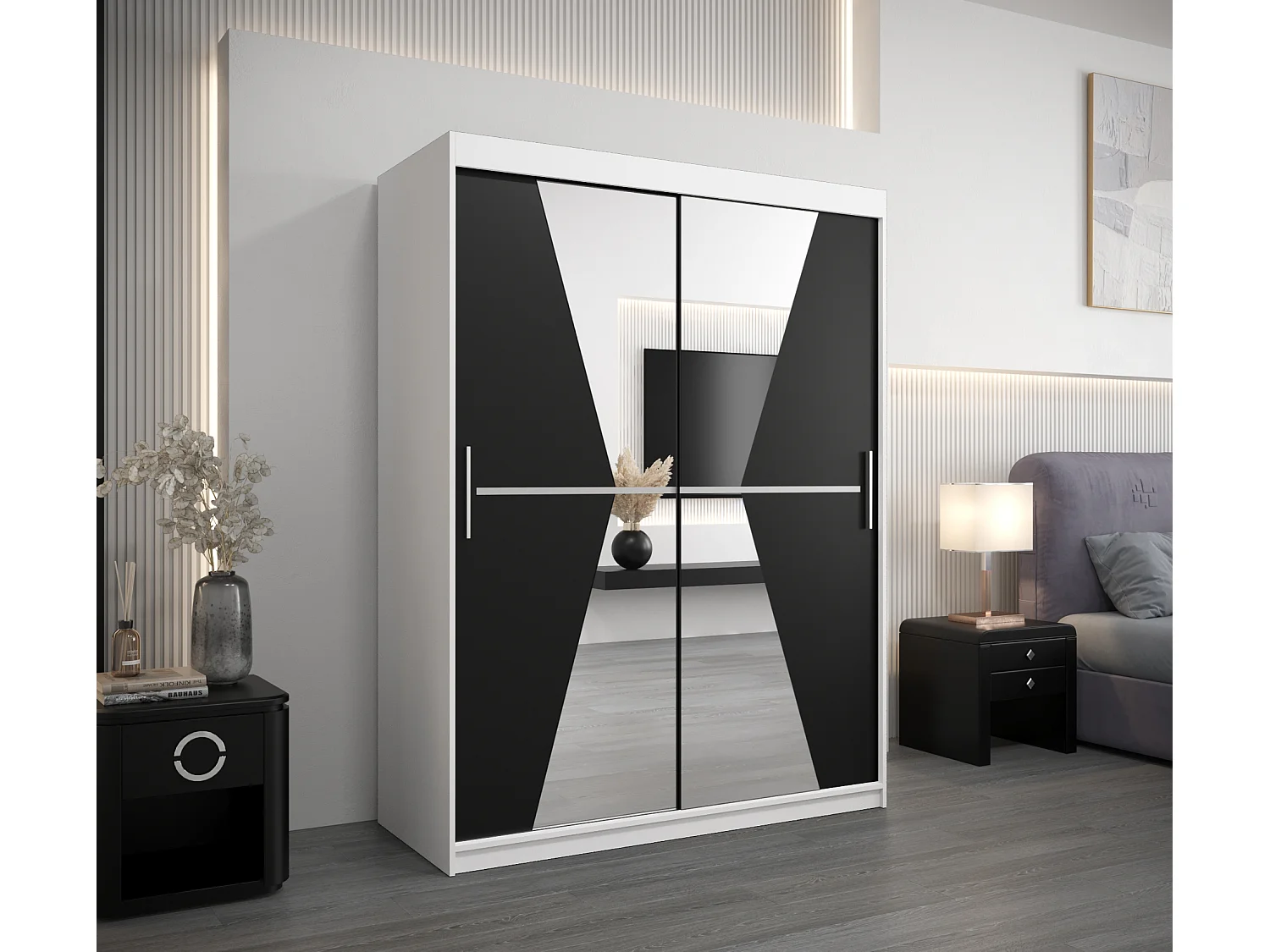 Armoire Maroko À Portes Coulissantes 200/150/62 2 portes (Blanc/Noir)