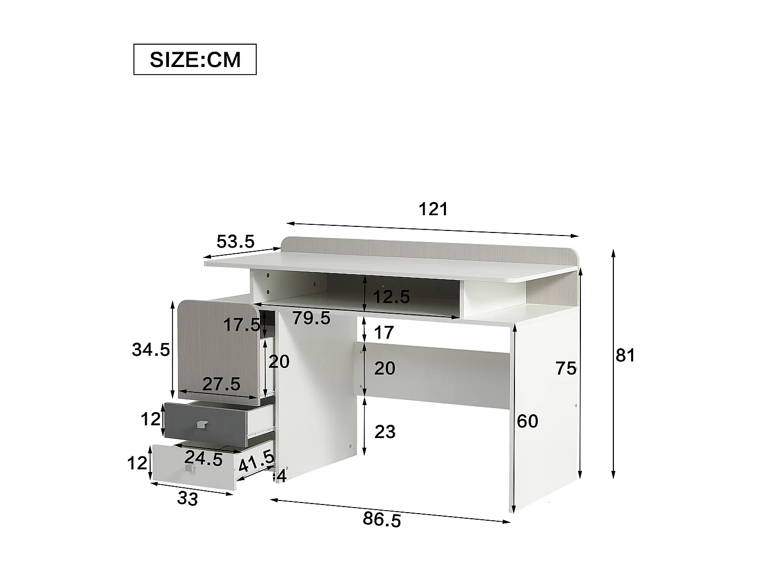 Bureau, table d'étude avec 3 tiroirs et 1 compartiment - bois MDF - blanc + coloris orme clair + gris (Sans chaise)