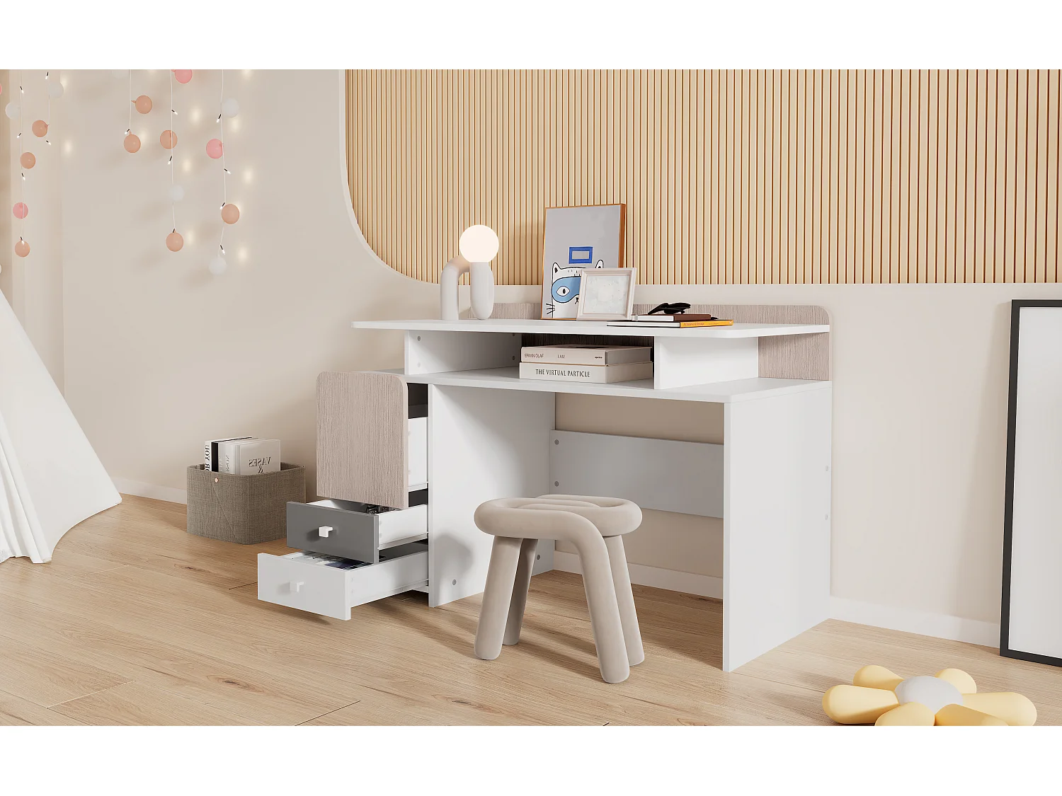 Bureau, table d'étude avec 3 tiroirs et 1 compartiment - bois MDF - blanc + coloris orme clair + gris (Sans chaise)