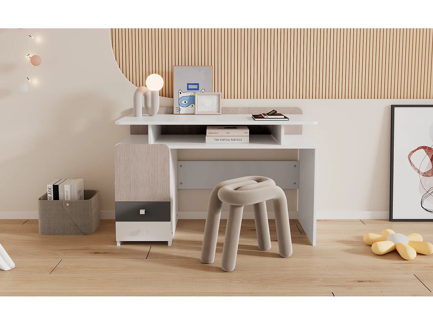 Bureau, table d'étude avec 3 tiroirs et 1 compartiment - bois MDF - blanc + coloris orme clair + gris (Sans chaise)