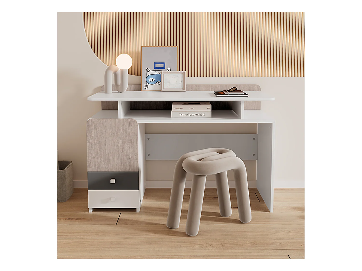 Bureau, studeertafel met 3 laden en 1 vak - MDF hout - wit + lichte iepkleur + grijs (Zonder stoel)