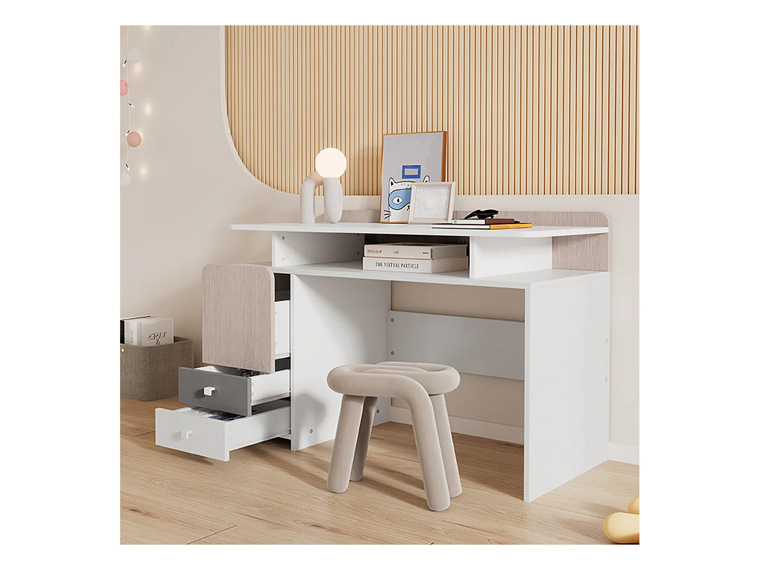 Bureau, studeertafel met 3 laden en 1 vak - MDF hout - wit + lichte iepkleur + grijs (Zonder stoel)