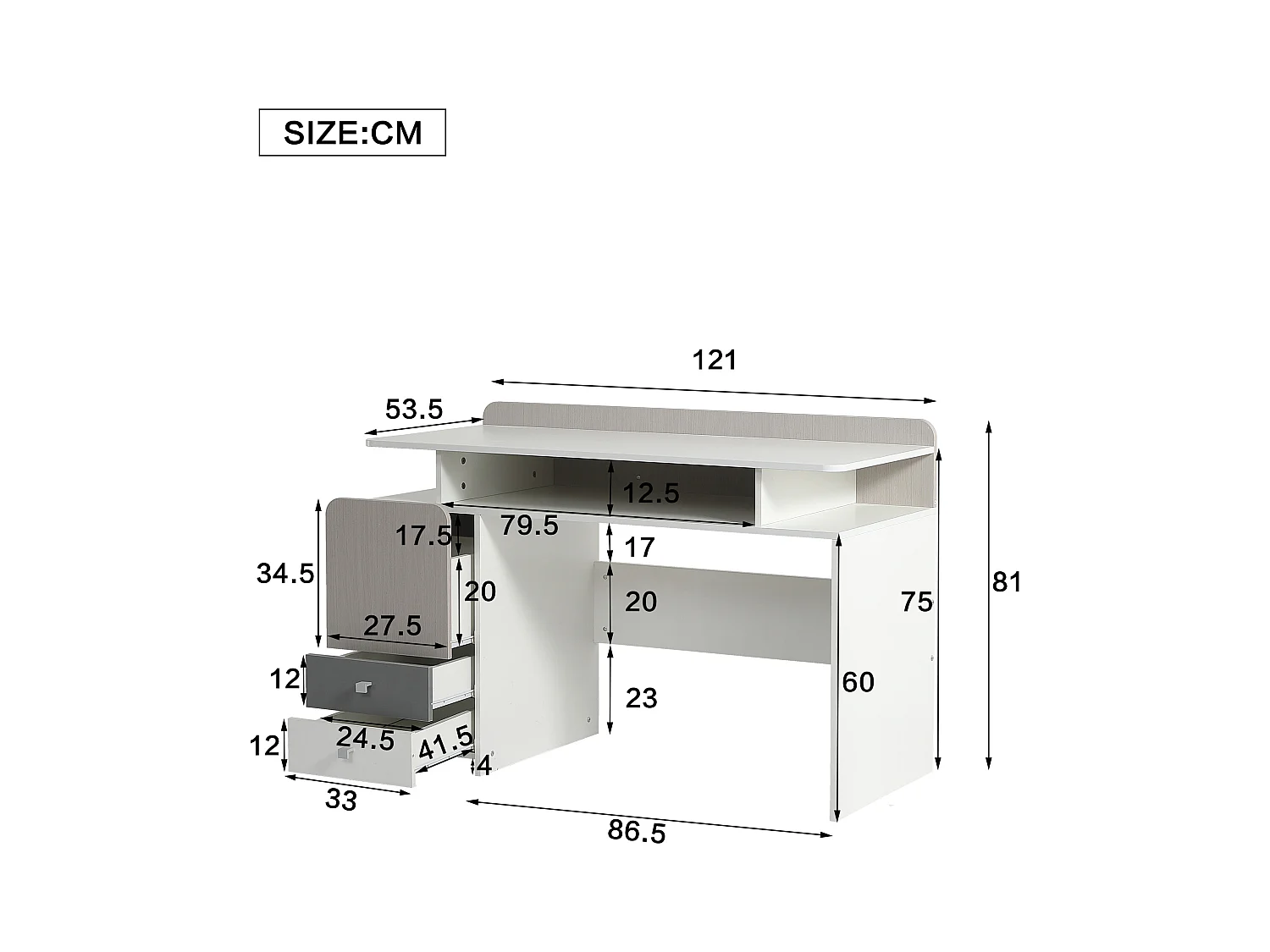 Bureau, studeertafel met 3 laden en 1 vak - MDF hout - wit + lichte iepkleur + grijs (Zonder stoel)